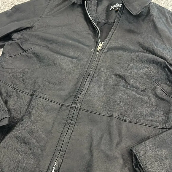 VTG black Leather Coat jacket zip up collared vintage 100% genuine fully lined