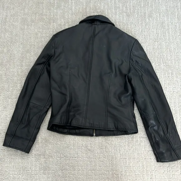 VTG black Leather Coat jacket zip up collared vintage 100% genuine fully lined
