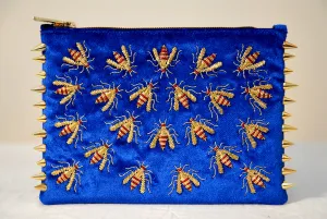 WASP EMBROIDERED BLUE VELVET CLUTCH