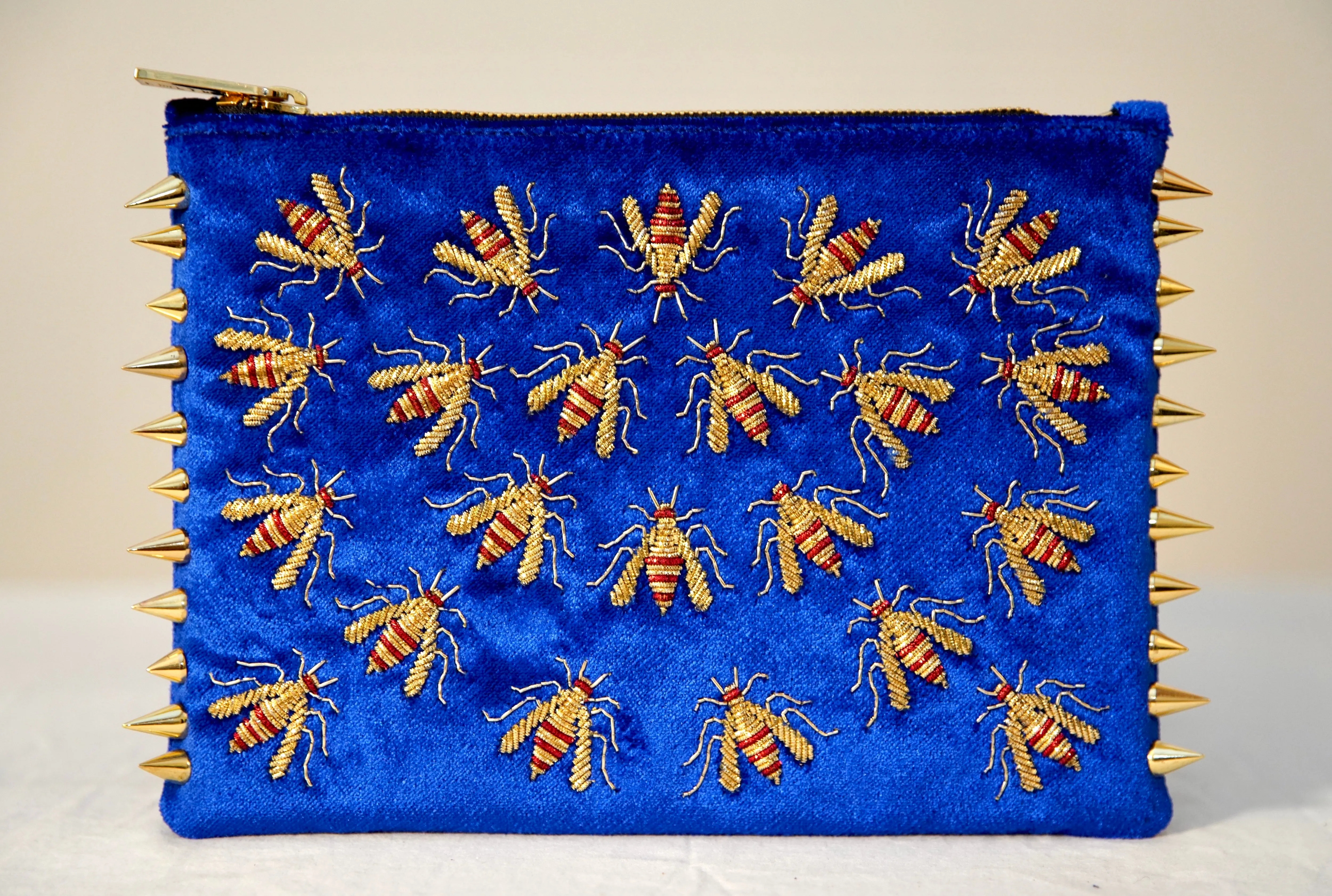 WASP EMBROIDERED BLUE VELVET CLUTCH