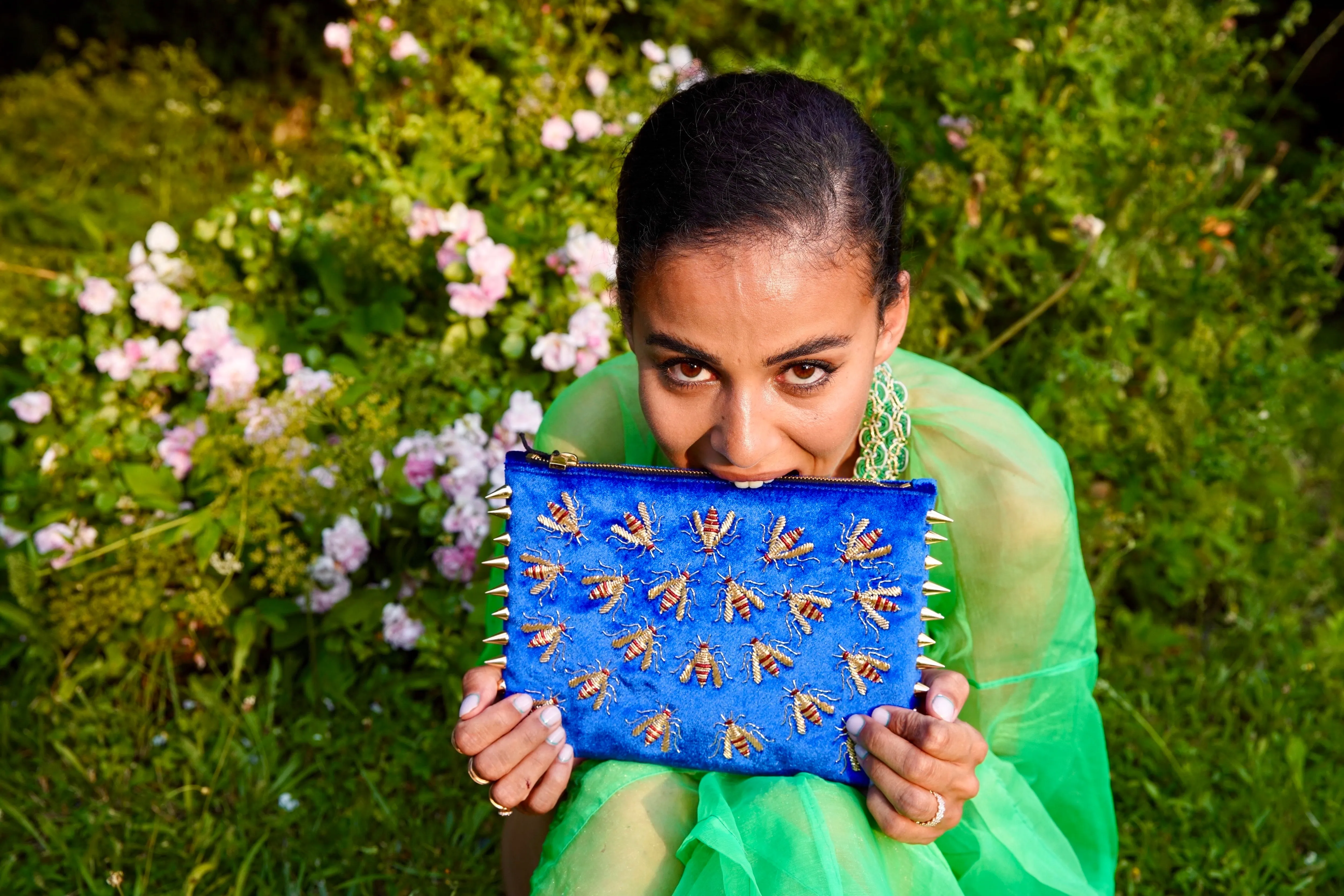 WASP EMBROIDERED BLUE VELVET CLUTCH