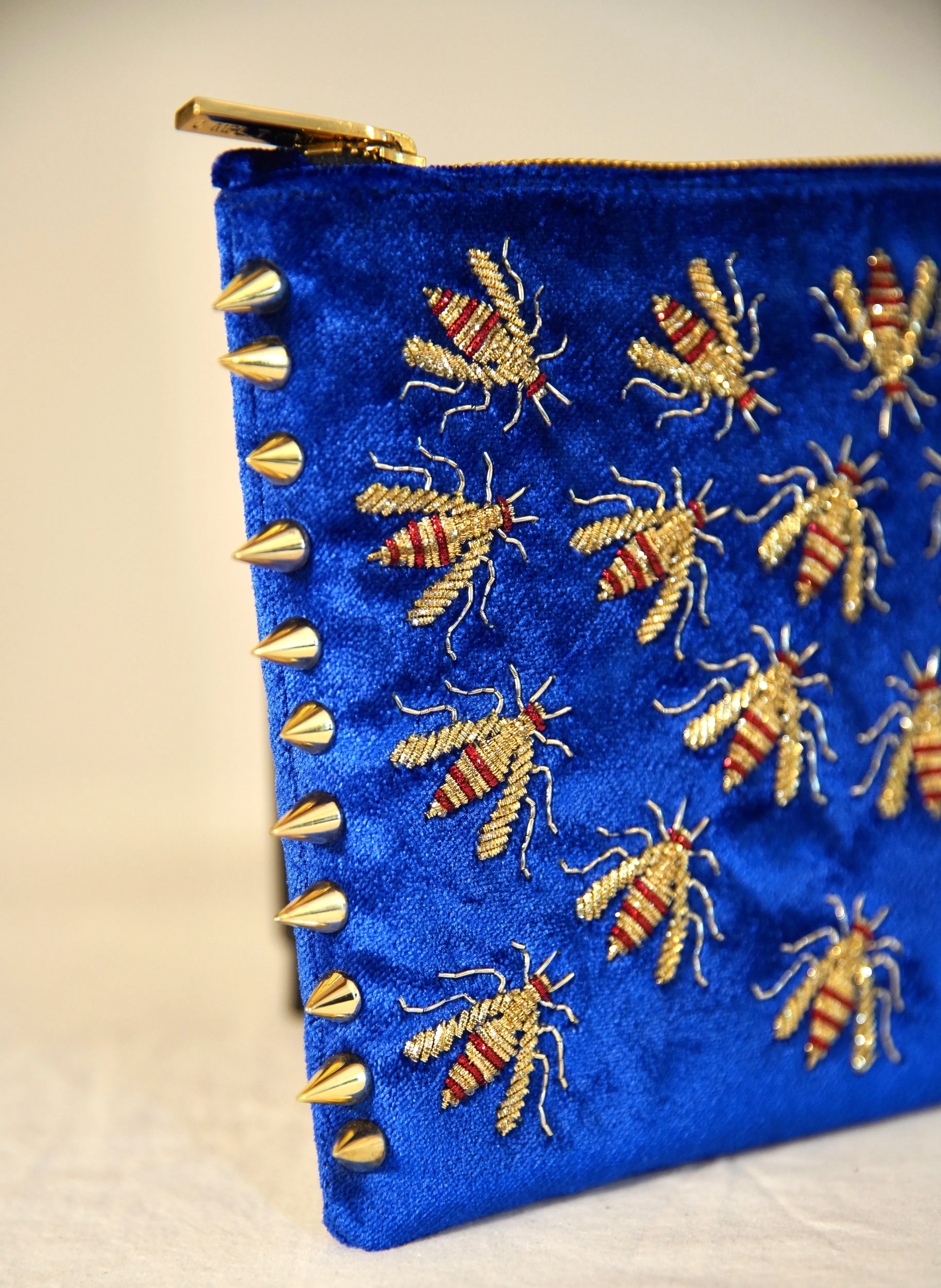 WASP EMBROIDERED BLUE VELVET CLUTCH
