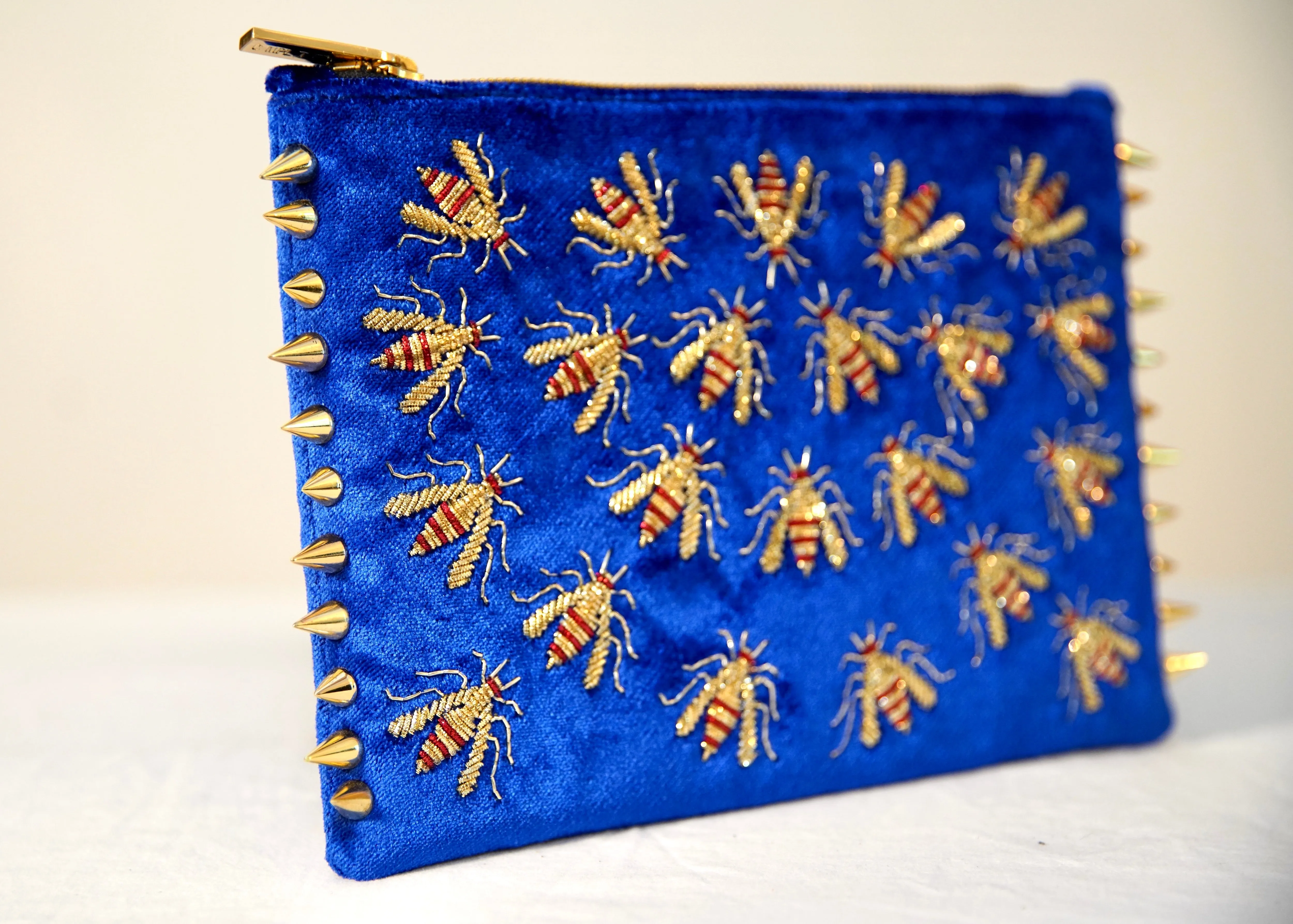 WASP EMBROIDERED BLUE VELVET CLUTCH