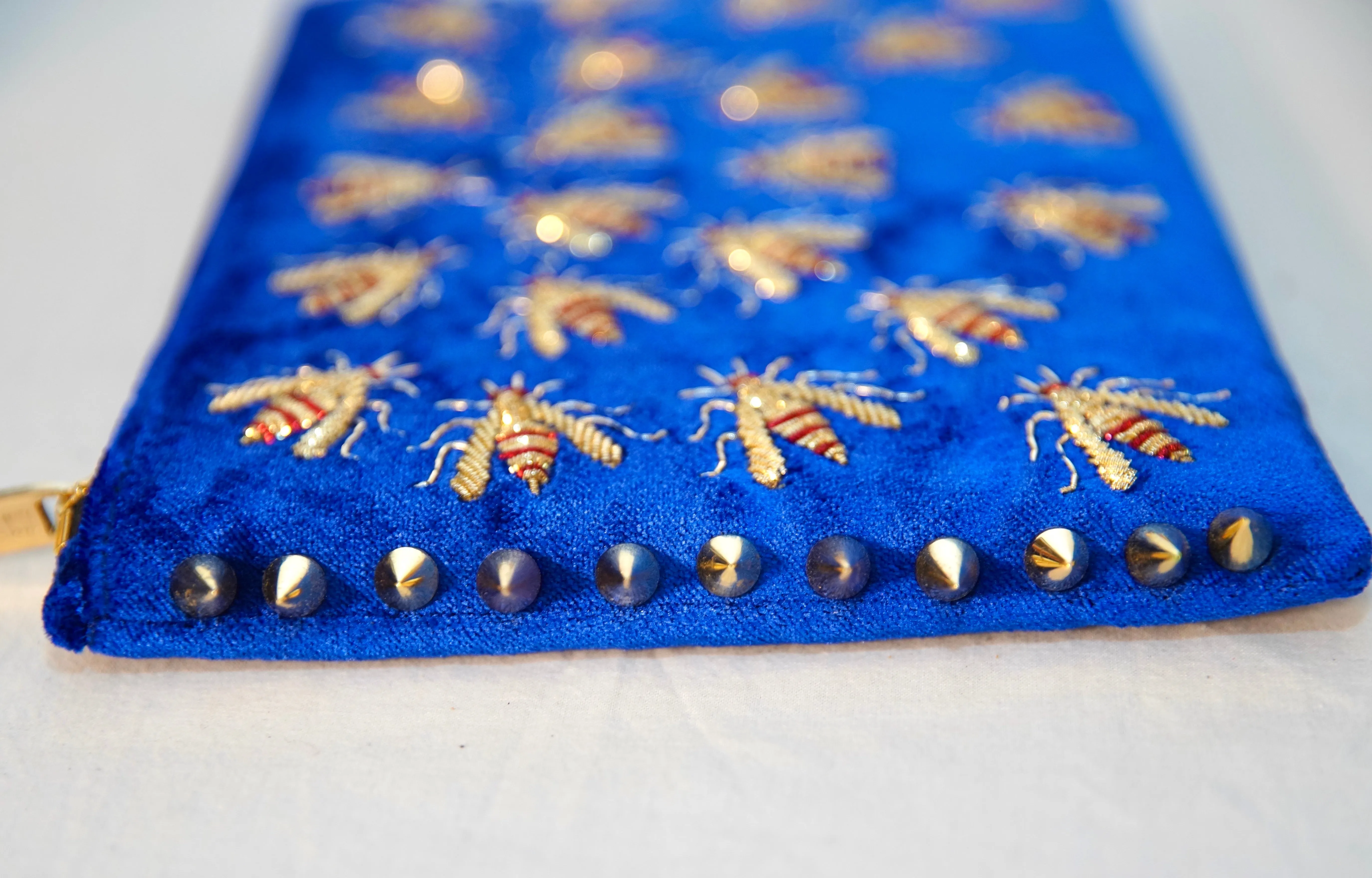 WASP EMBROIDERED BLUE VELVET CLUTCH
