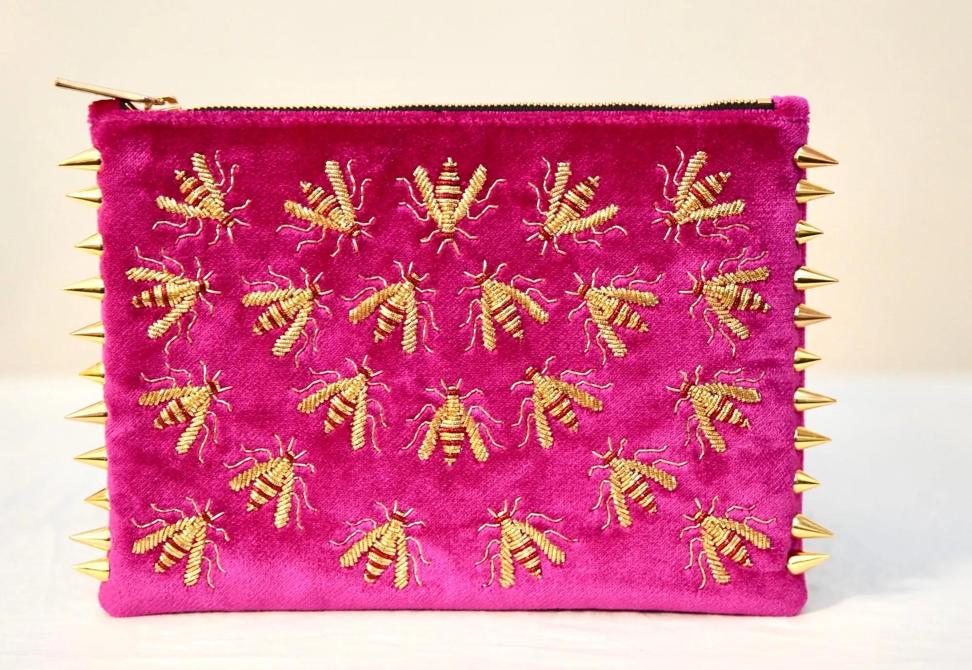 WASP EMBROIDERED FUCHSIA VELVET CLUTCH BAG