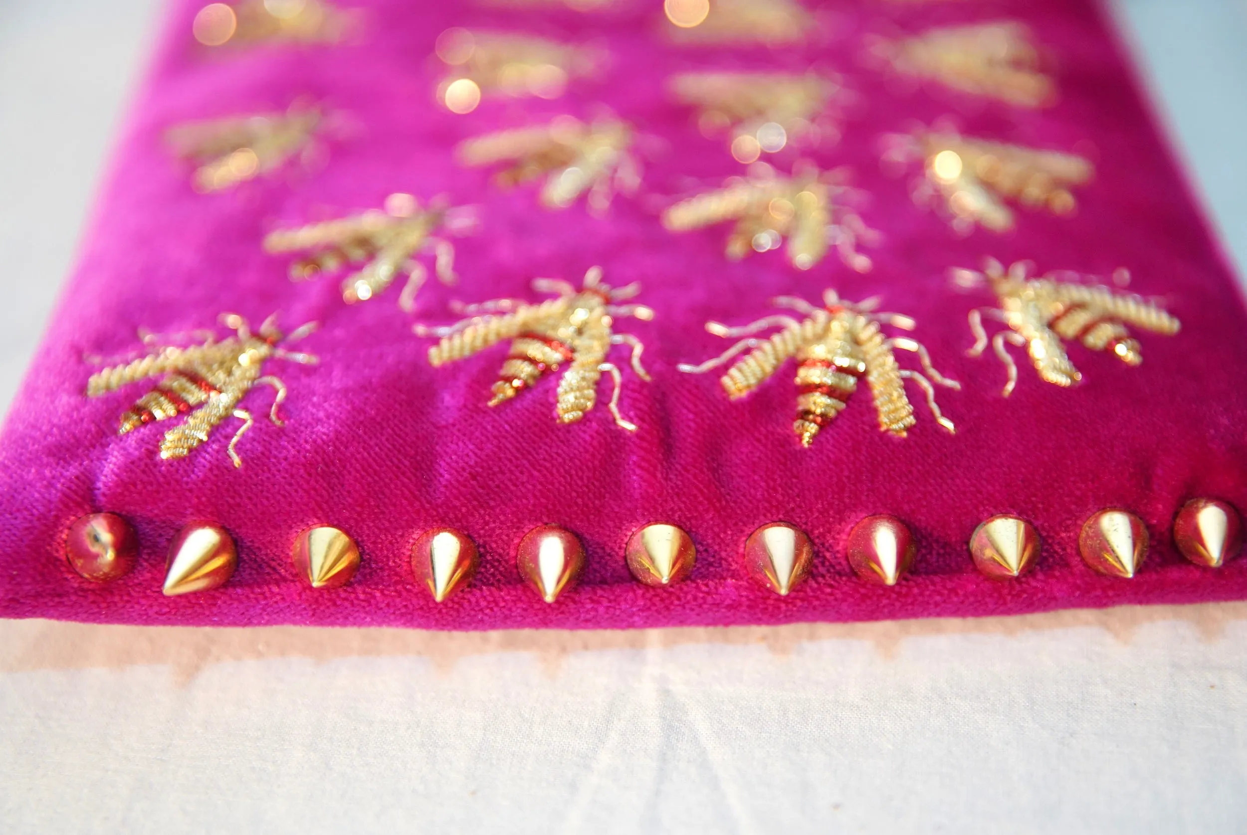 WASP EMBROIDERED FUCHSIA VELVET CLUTCH BAG
