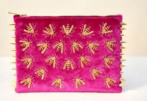 WASP EMBROIDERED FUCHSIA VELVET CLUTCH BAG