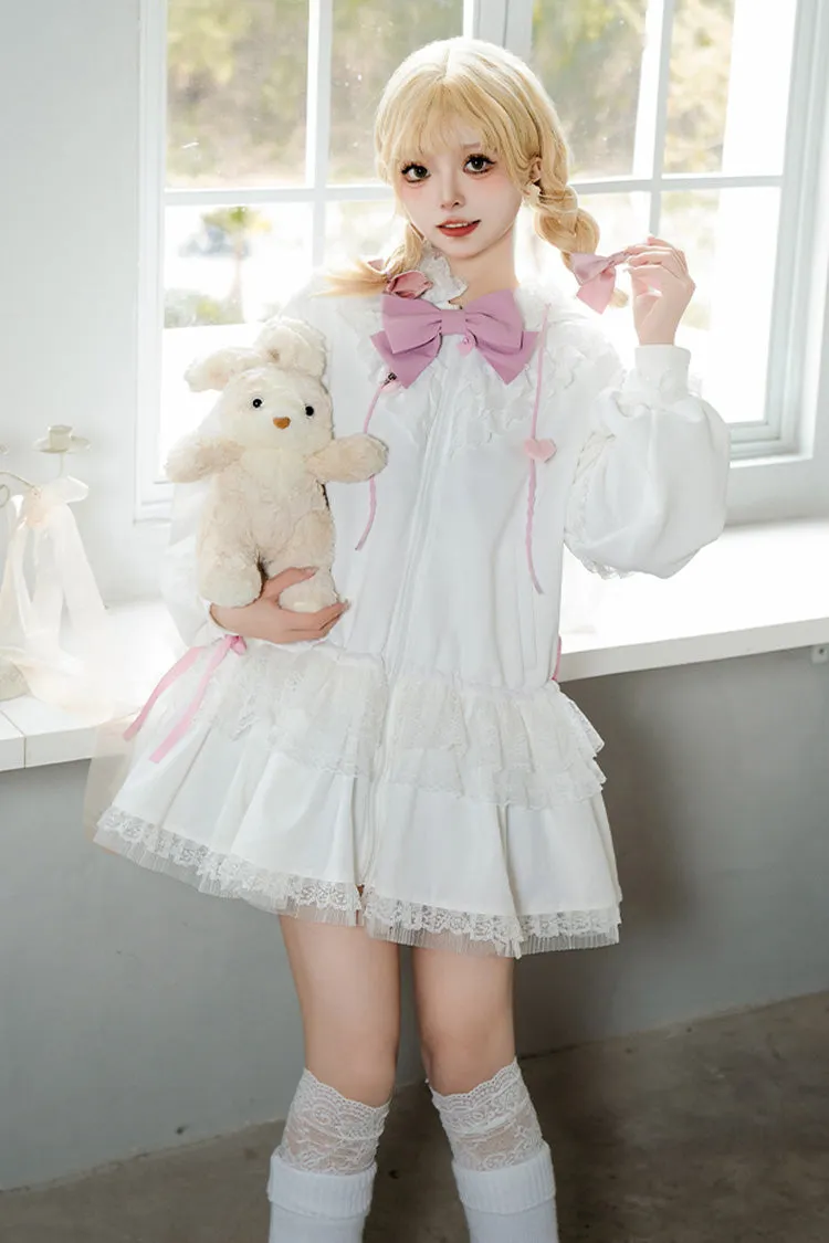 White Rabbit Ears Hooded Bowknot Lace Sweet Lolita Coat Set