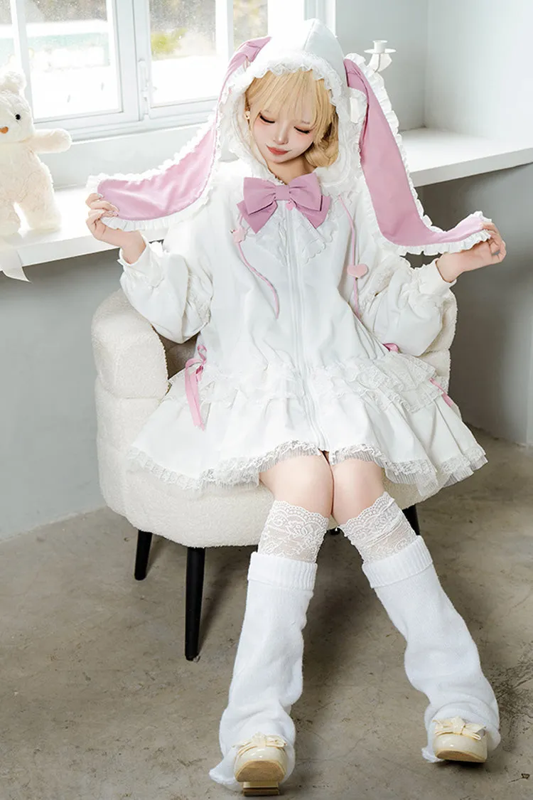 White Rabbit Ears Hooded Bowknot Lace Sweet Lolita Coat Set