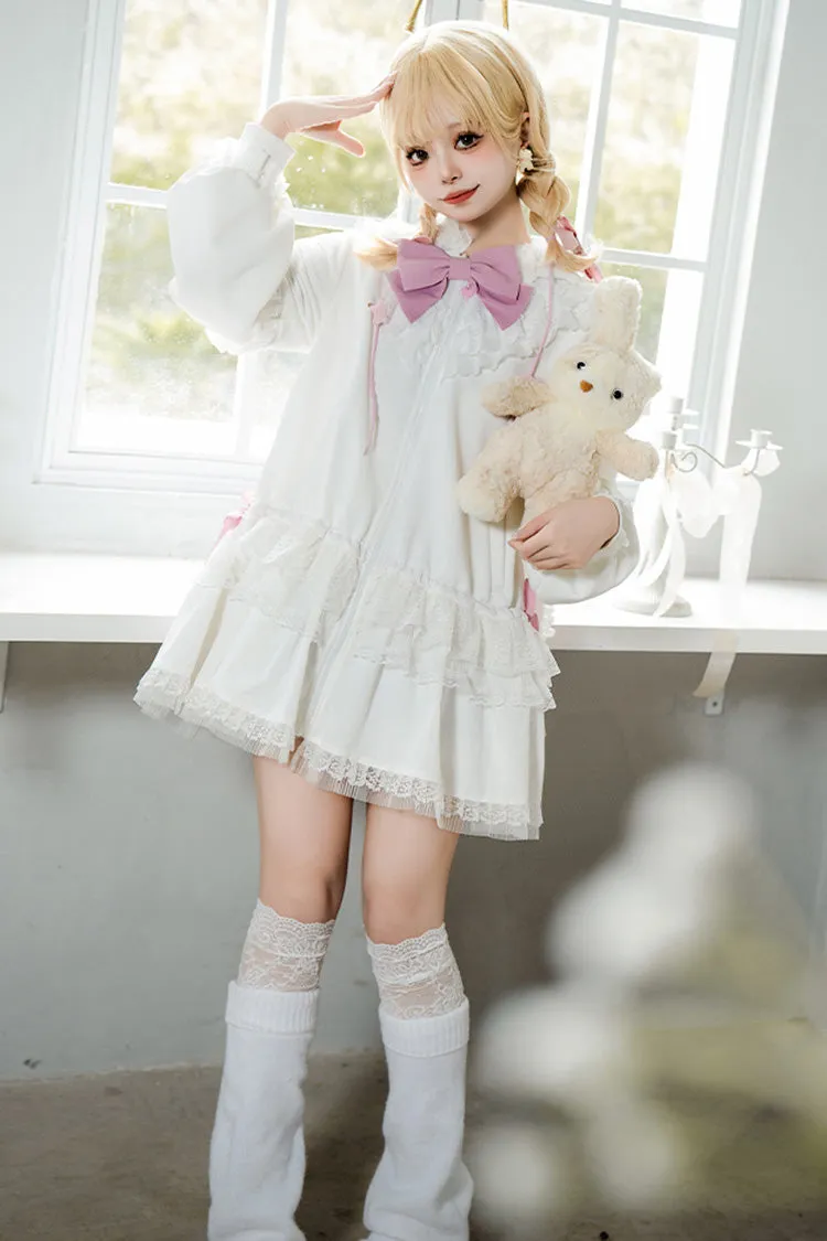 White Rabbit Ears Hooded Bowknot Lace Sweet Lolita Coat Set