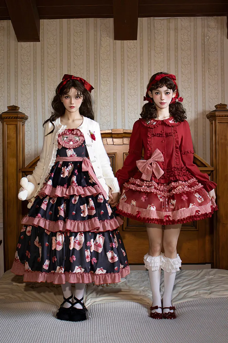 White/Pink [Bell Strawberry Farm] Print Long Sleeves Triple-Layered Ruffle Sweet Lolita Dress