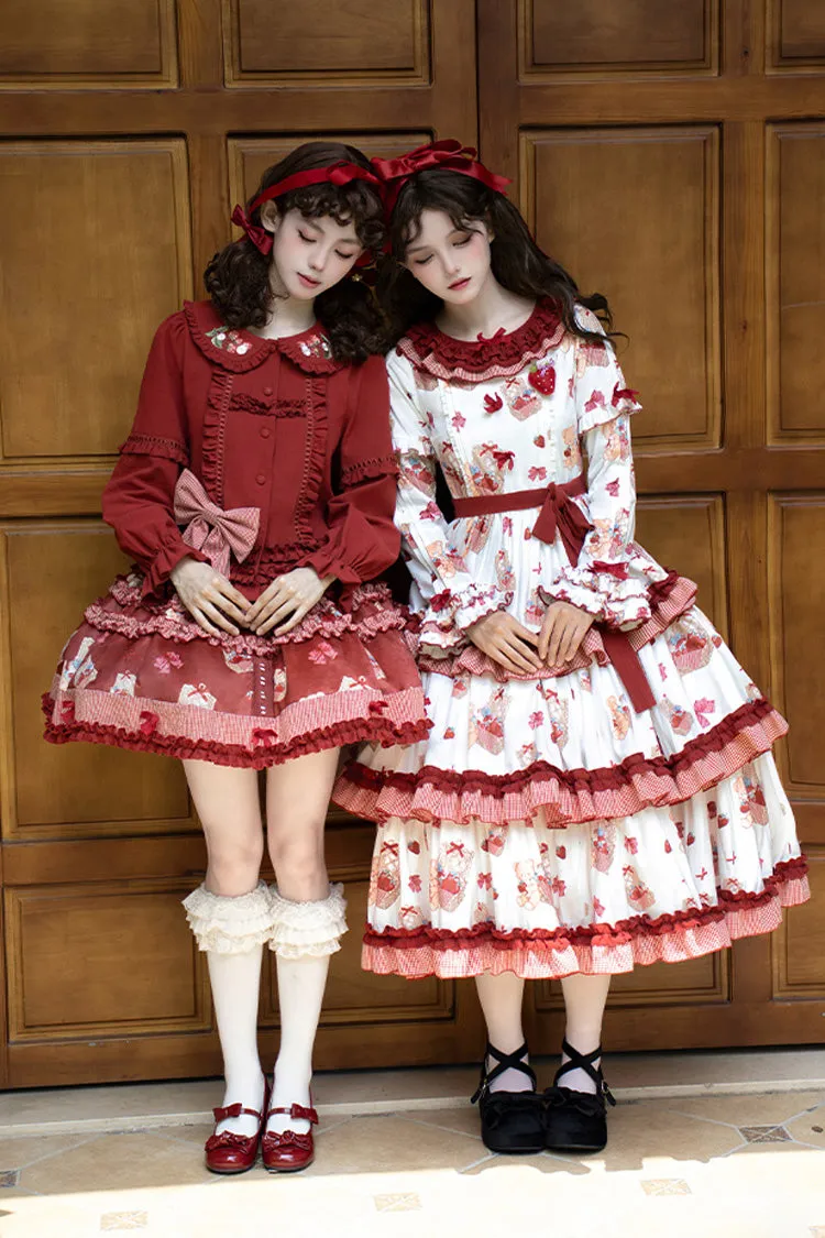 White/Pink [Bell Strawberry Farm] Print Long Sleeves Triple-Layered Ruffle Sweet Lolita Dress