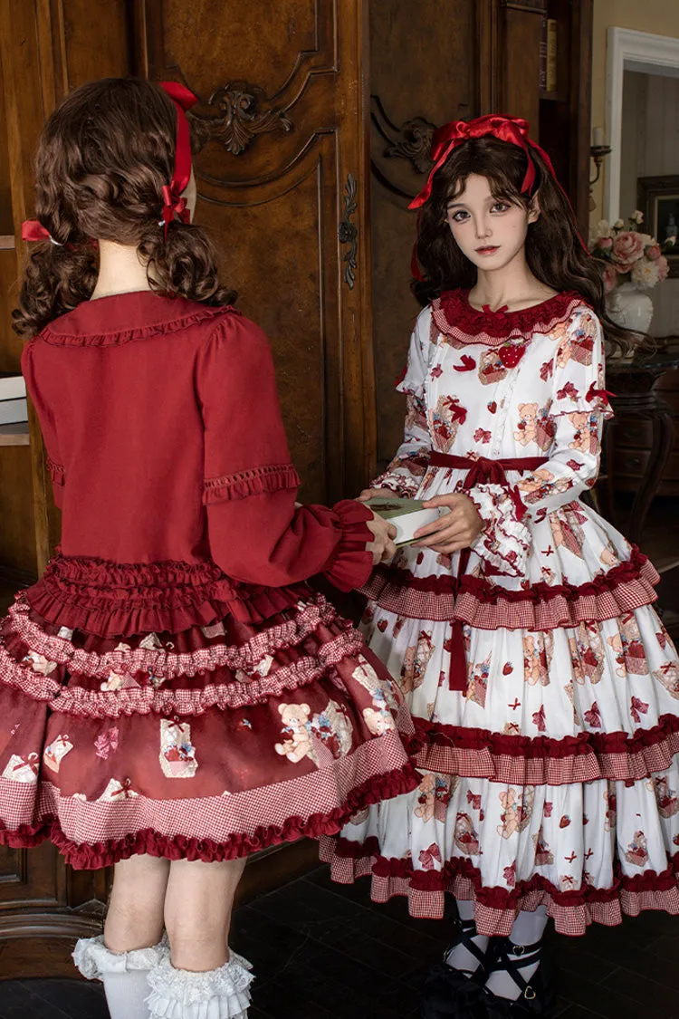 White/Pink [Bell Strawberry Farm] Print Long Sleeves Triple-Layered Ruffle Sweet Lolita Dress