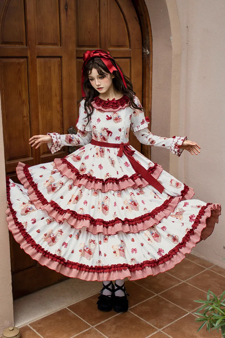 White/Pink [Bell Strawberry Farm] Print Long Sleeves Triple-Layered Ruffle Sweet Lolita Dress