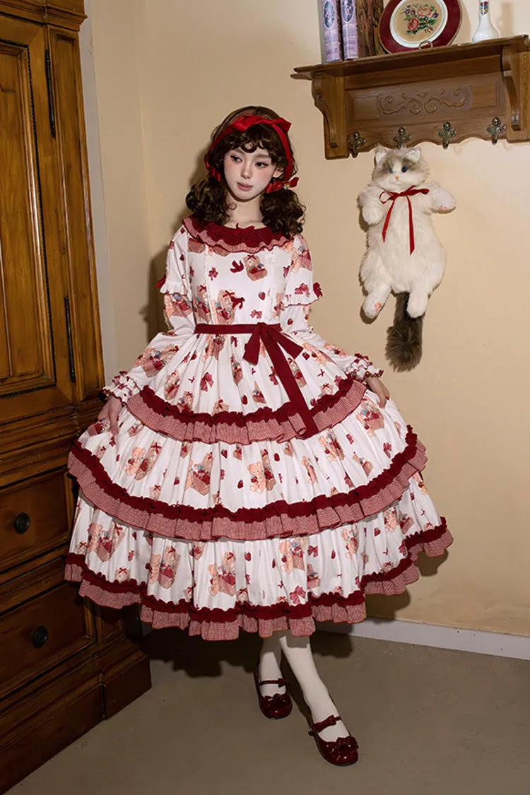 White/Pink [Bell Strawberry Farm] Print Long Sleeves Triple-Layered Ruffle Sweet Lolita Dress