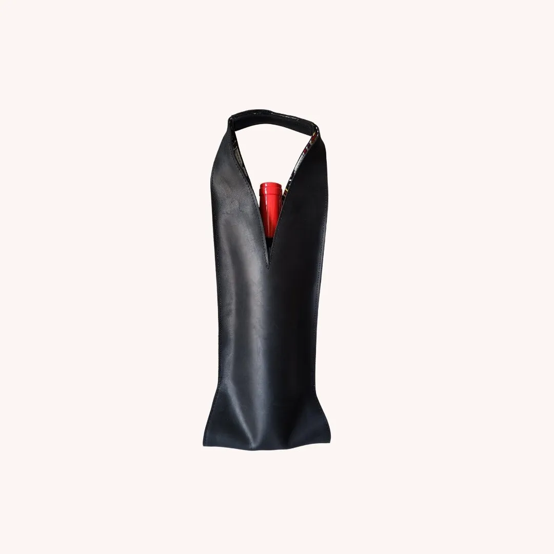 Wine/Champagne Carrier - Black Leather Exterior