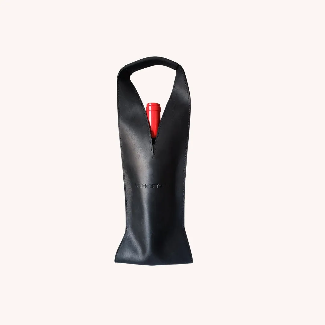 Wine/Champagne Carrier - Black Leather Exterior