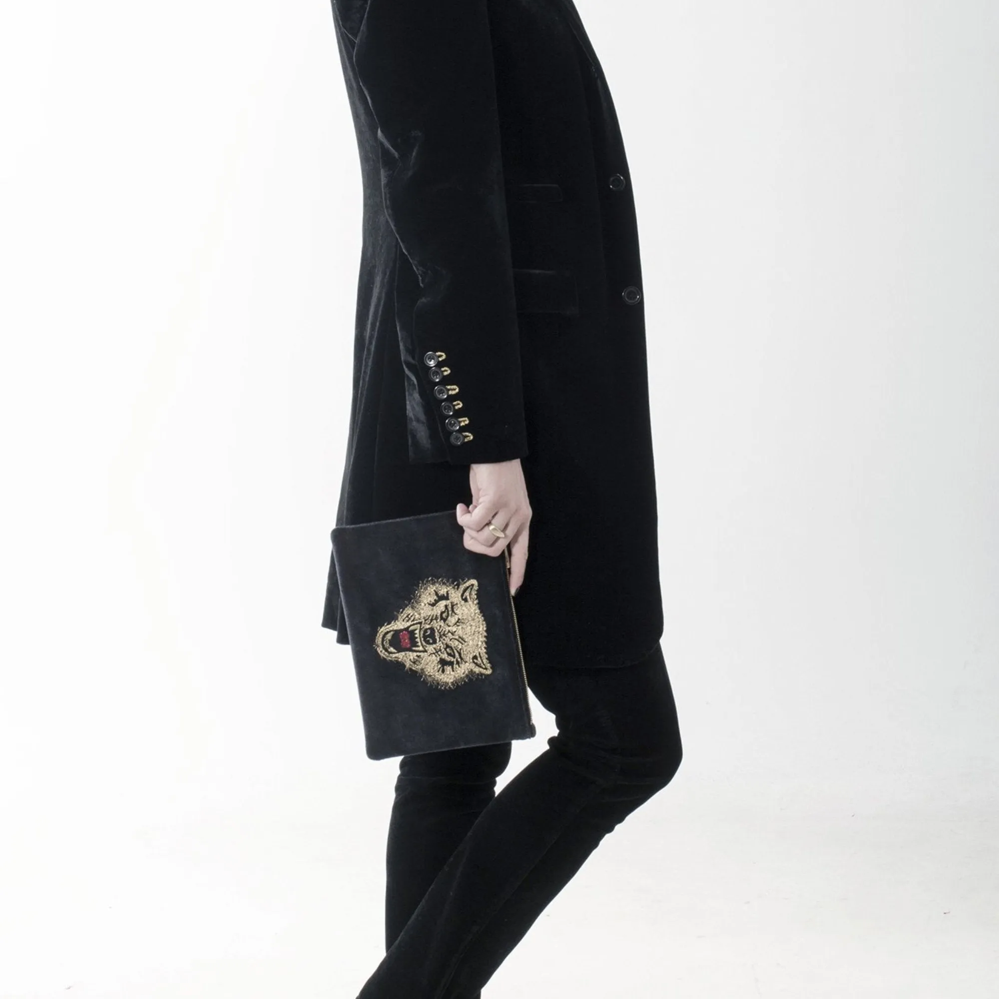 WOLF EMBROIDERED CLUTCH BAG