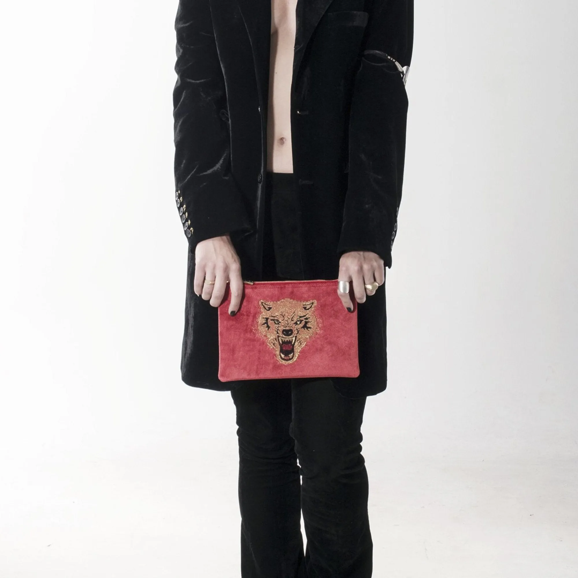 WOLF EMBROIDERED CLUTCH BAG