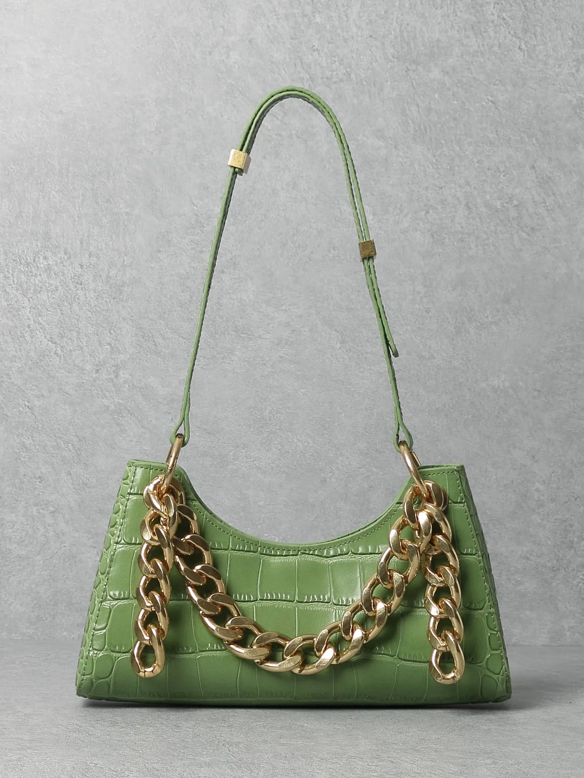 Women's 90s Crocodile Froggy Shoulder Bag Croc Effect Baguette Bag Gold Thick Chain