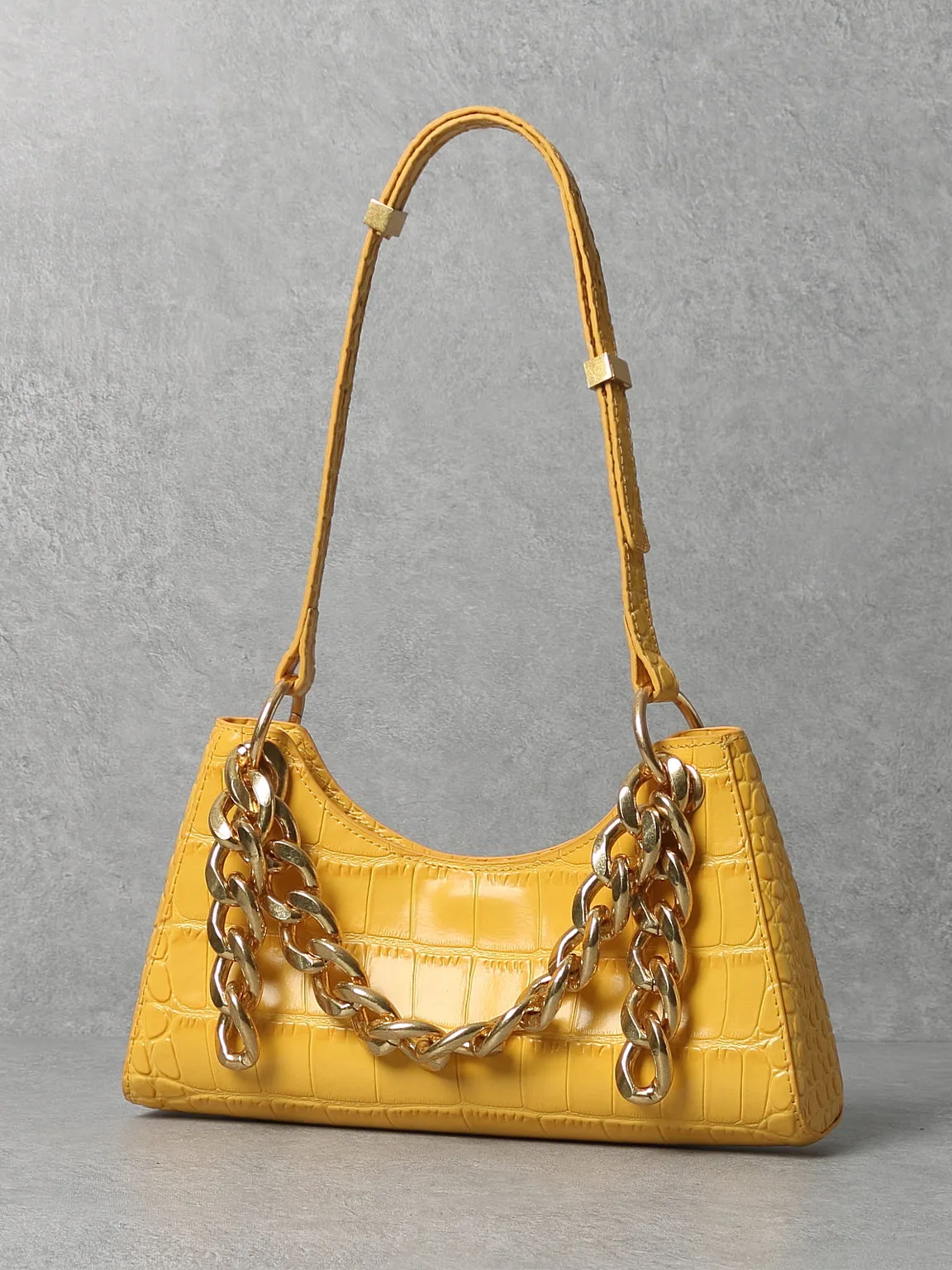 Women's 90s Crocodile Froggy Shoulder Bag Croc Effect Baguette Bag Gold Thick Chain