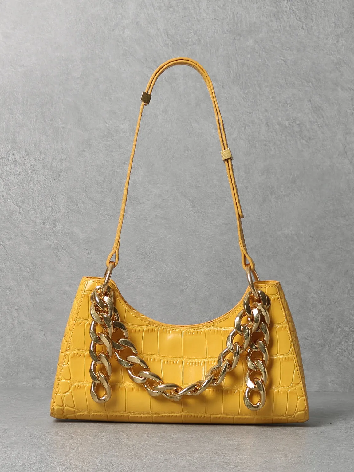 Women's 90s Crocodile Froggy Shoulder Bag Croc Effect Baguette Bag Gold Thick Chain
