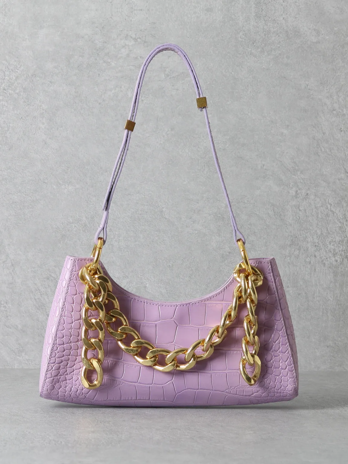 Women's 90s Crocodile Froggy Shoulder Bag Croc Effect Baguette Bag Gold Thick Chain