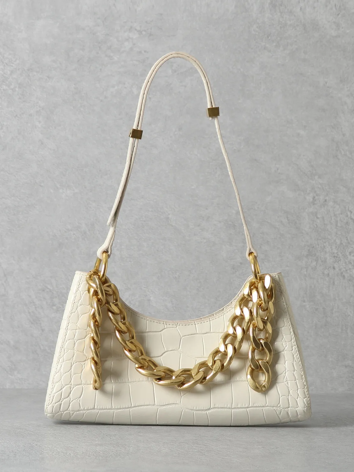 Women's 90s Crocodile Froggy Shoulder Bag Croc Effect Baguette Bag Gold Thick Chain