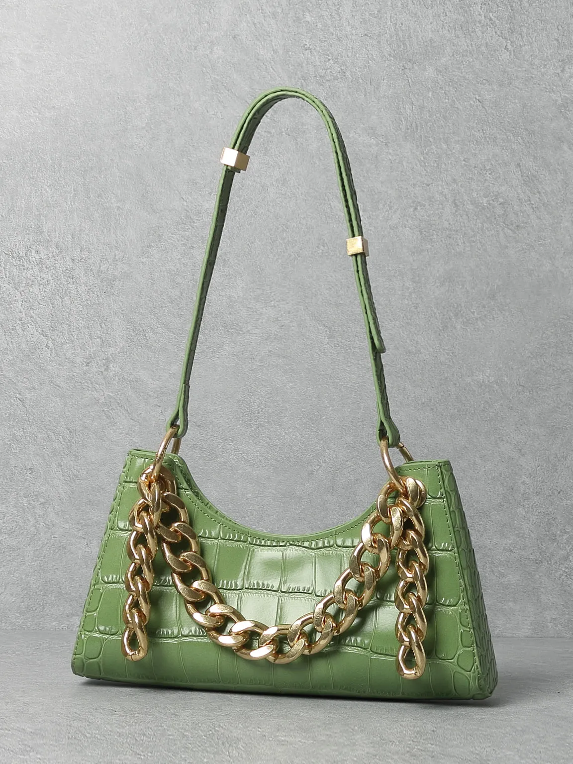 Women's 90s Crocodile Froggy Shoulder Bag Croc Effect Baguette Bag Gold Thick Chain