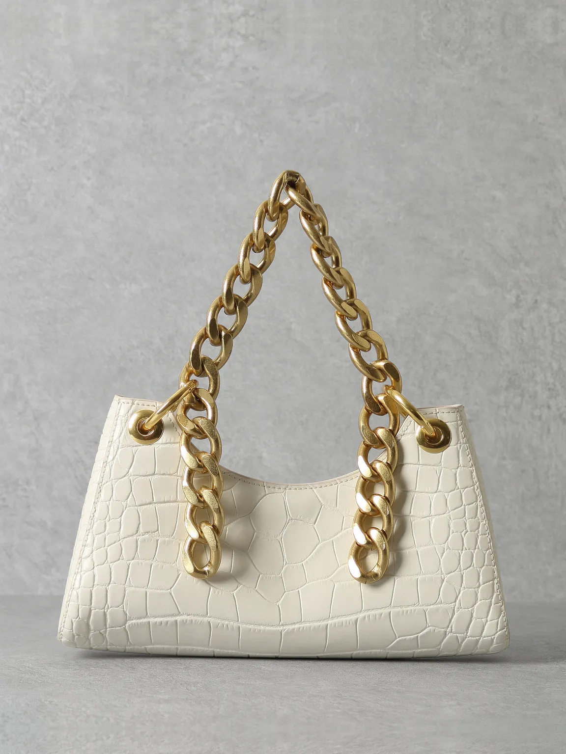 Women's 90s Crocodile Froggy Shoulder Bag Croc Effect Baguette Bag Gold Thick Chain