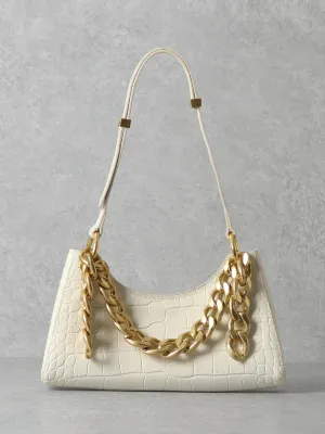 Women's 90s Crocodile Froggy Shoulder Bag Croc Effect Baguette Bag Gold Thick Chain