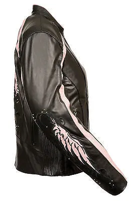 Women's Blk Pink Leather Jacket with studs and wings detailing back