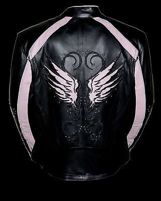 Women's Blk Pink Leather Jacket with studs and wings detailing back