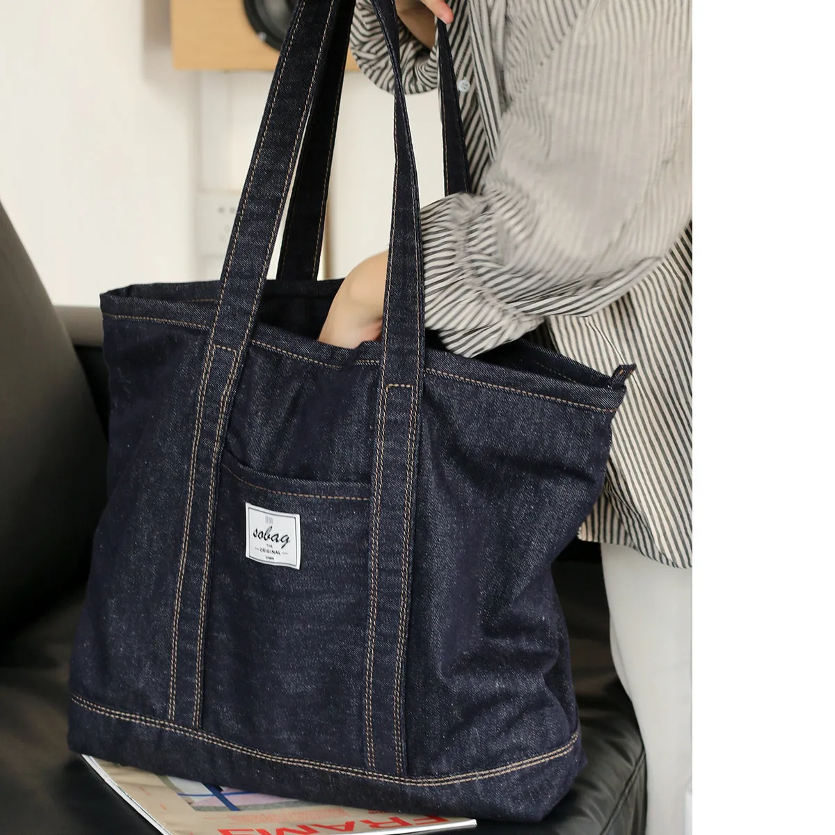 Womens Blue Denim Large Tote Bag Denim Handbag Denim Large Tote Shoulder Bag for Men Women