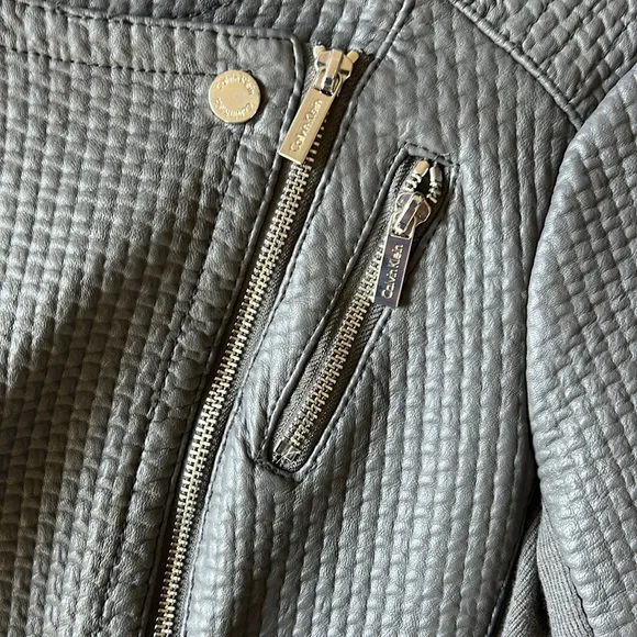 Women’s Grey Leather Jacket Moto Chic Minimal Textured Leather Sliver Zippers