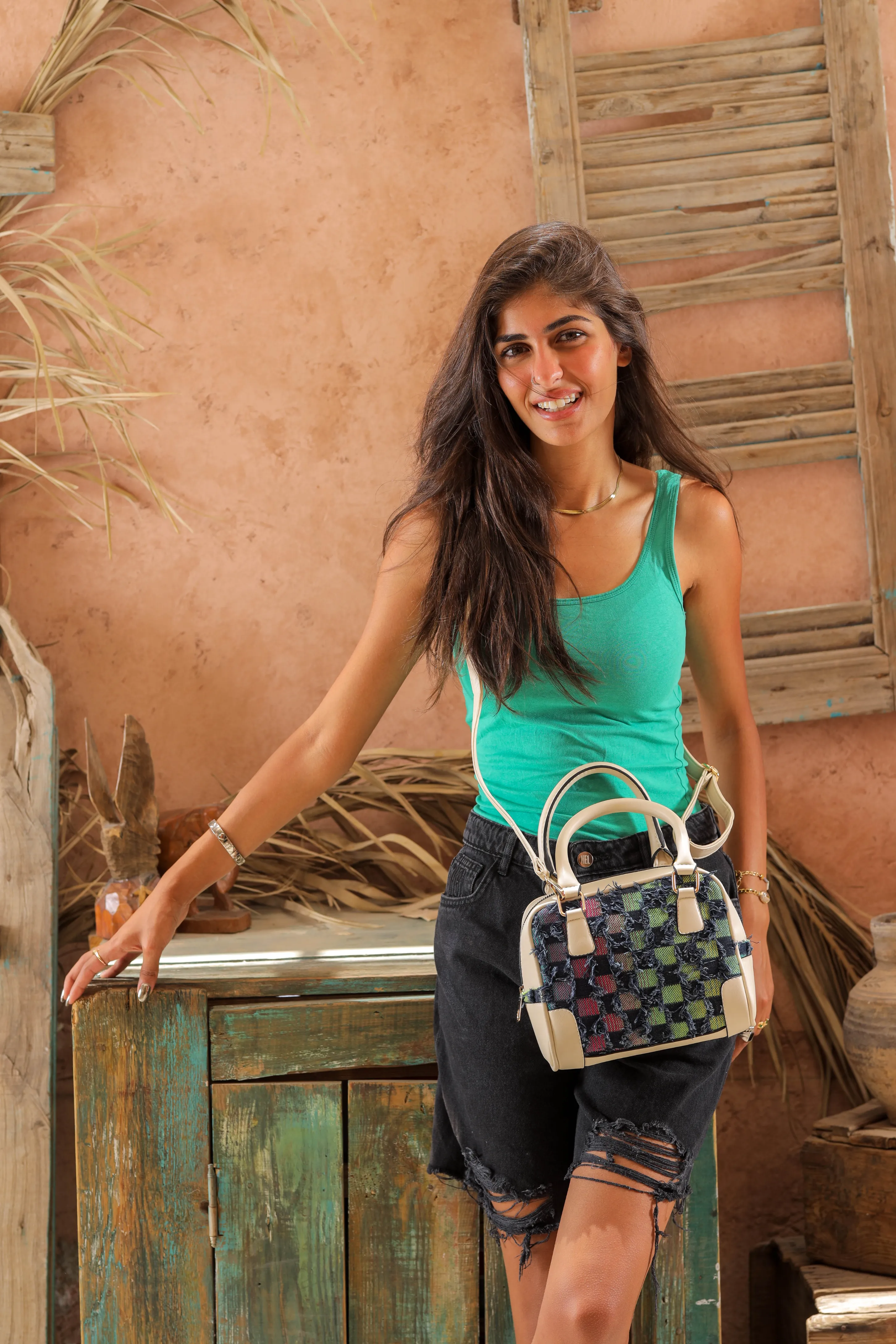 Woven Denim Handbag - beige