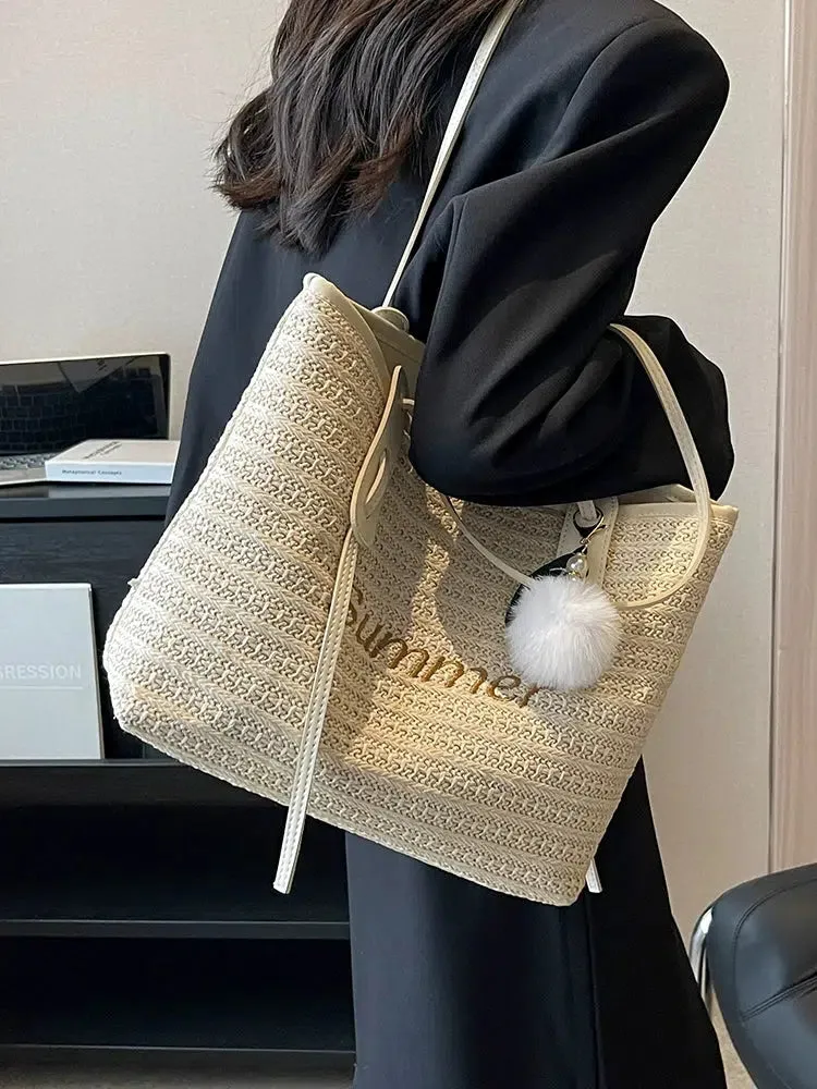 Woven Straw Bucket Shoulder Bag